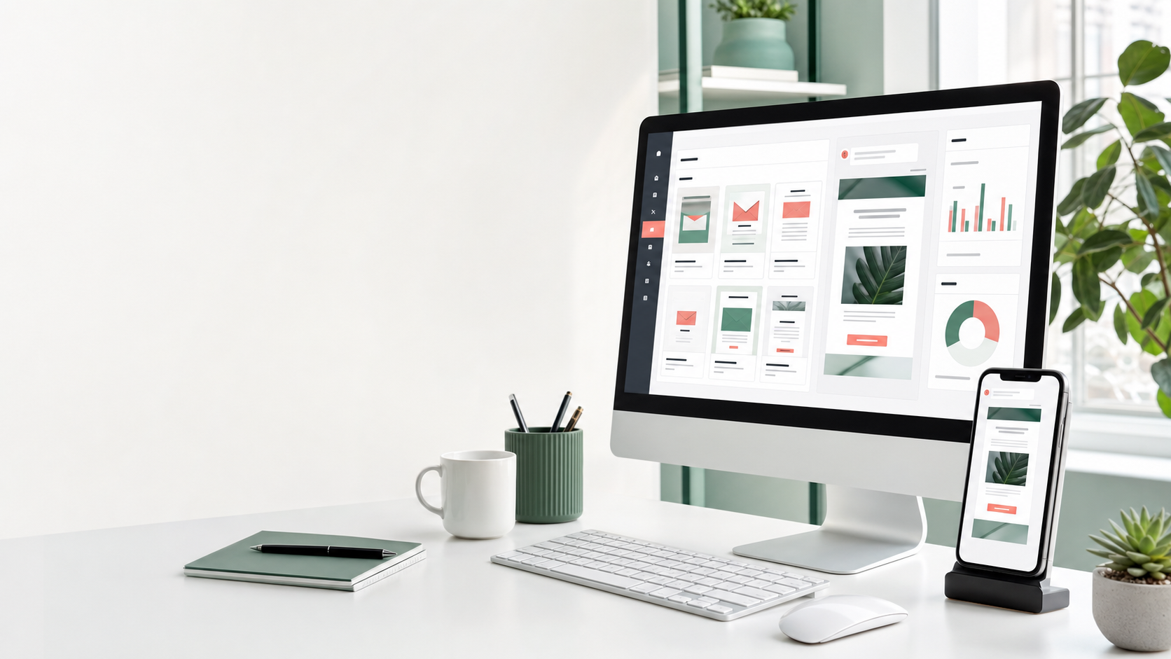 Email campaign workspace displayed on desktop and mobile screens